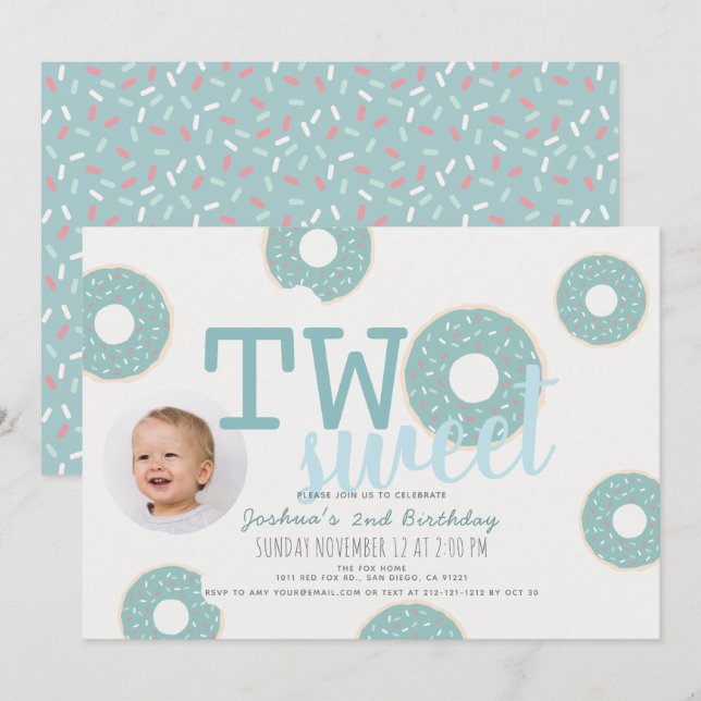 Invitación Blue Donut Two Sweet Boy Photo 2º cumpleaños (Anverso / Reverso)