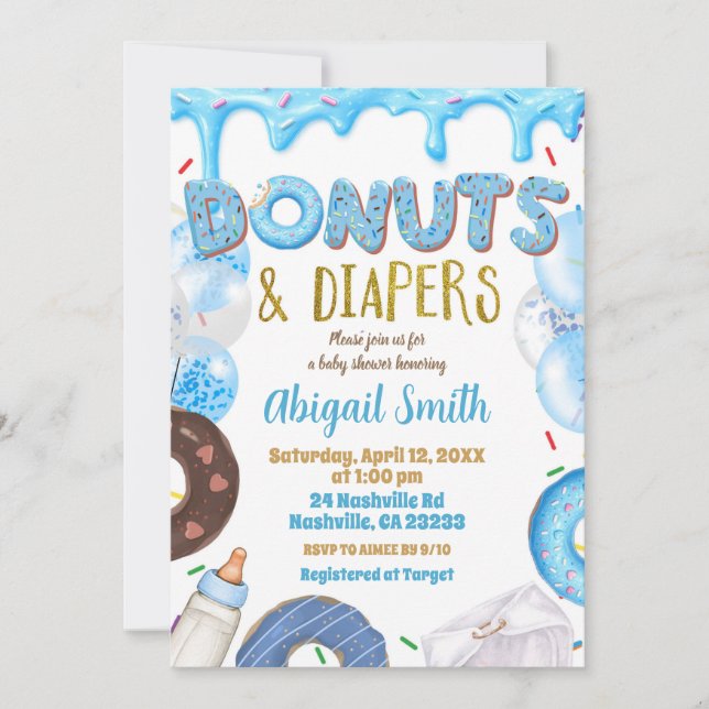 Invitación Blue Donuts and Diapers baby shower  (Anverso)