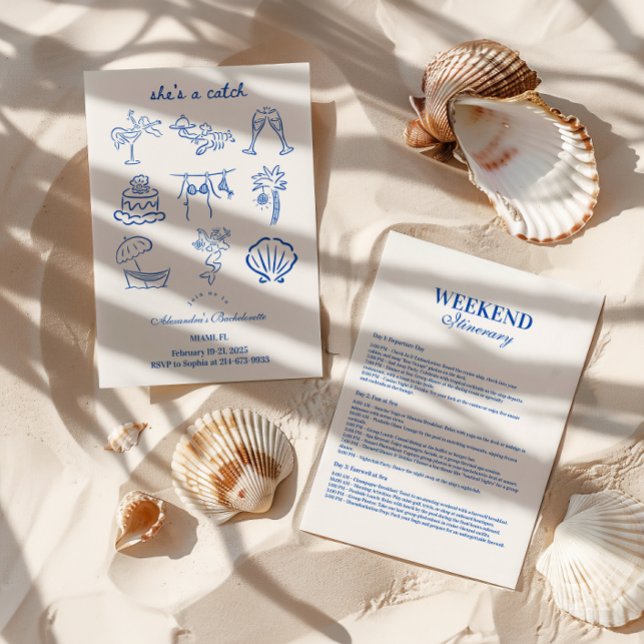 Invitación Blue Doodle Tropical She's a Catch Bachelorette  (Subido por el creador)