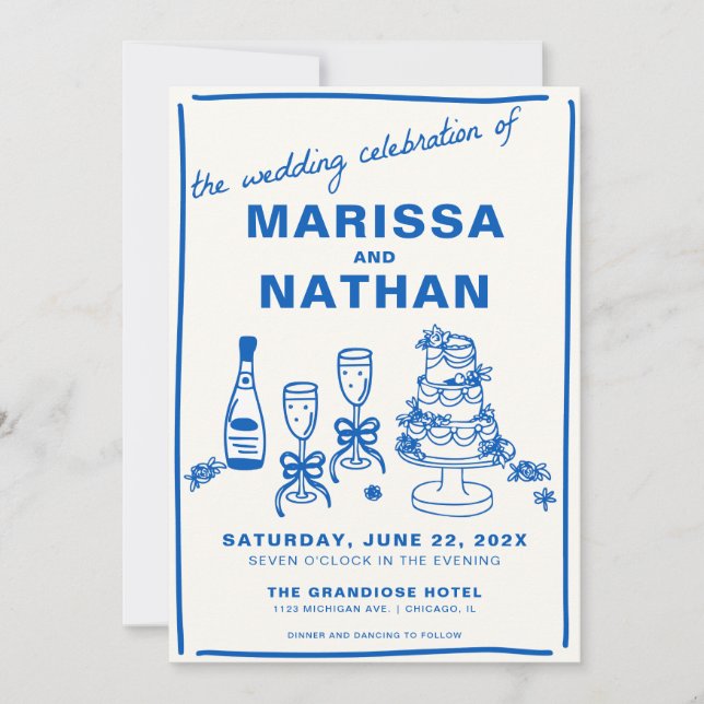 Invitación Blue Drawn Together with Photo Wedding Invitation (Anverso)