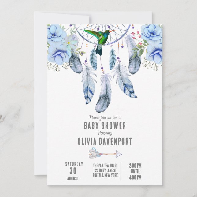 Invitación Blue Dreamcatcher Hummingbird Boy Baby Shower (Anverso)