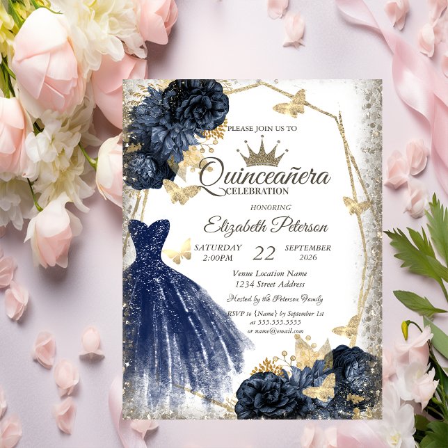 Invitación Blue Dress,Roses,Gold Butterflies Quinceañera (Subido por el creador)