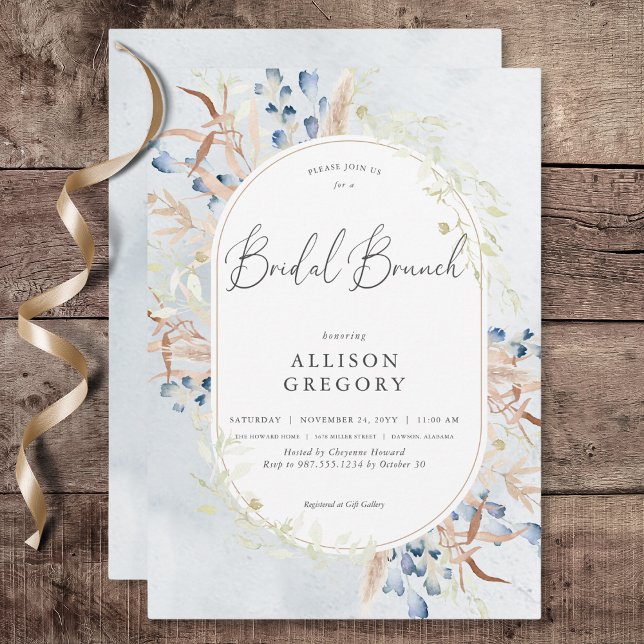 Invitación Blue Dried Boho Flores Blue Bridal Brunch (Blue Dried Boho Flowers Blue Bridal Brunch Invitation)