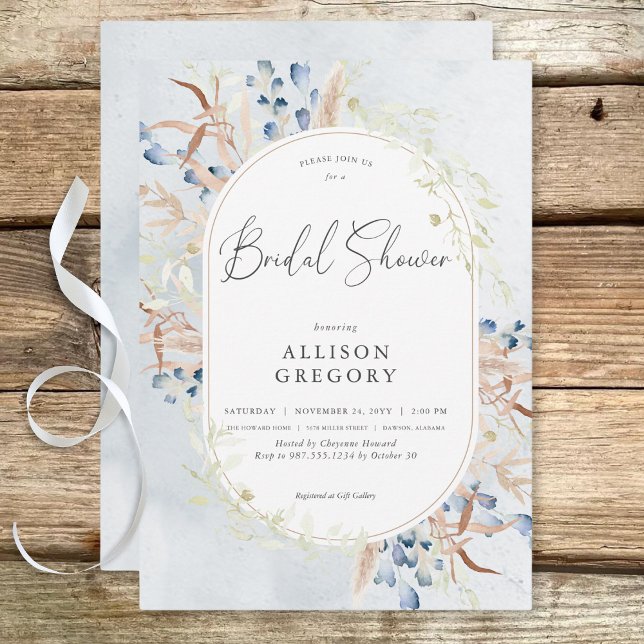 Invitación Blue Dried Boho Flores Blue Bridal Shower (Blue Dried Boho Flowers Blue Bridal Shower Invitation)