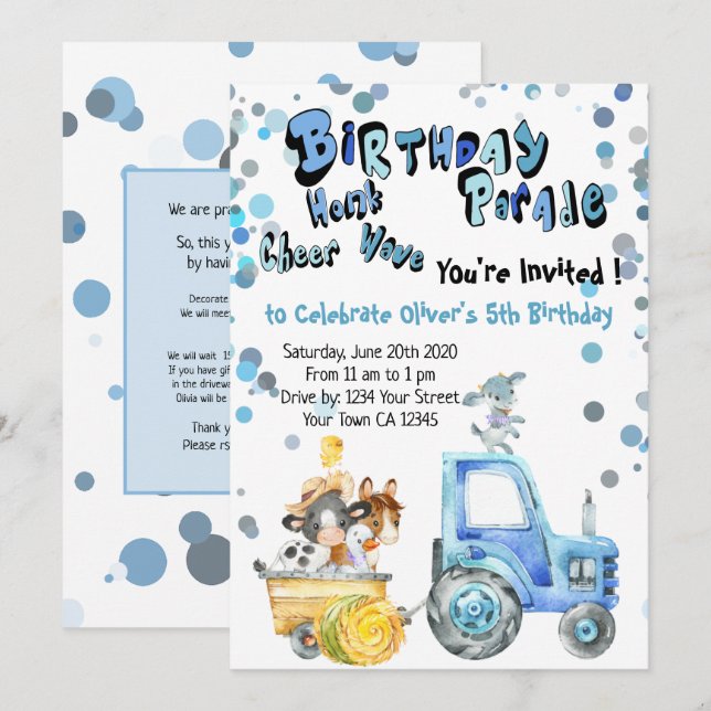 Invitación Blue Drive By Birthday Farm Animals (Anverso / Reverso)