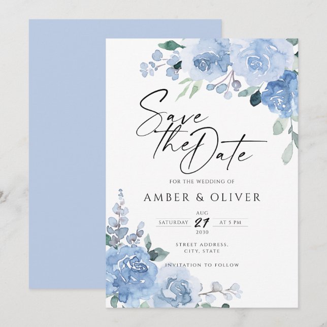 Invitación Blue Dusty Floral Light Blue Leaves Blue Save The  (Anverso / Reverso)
