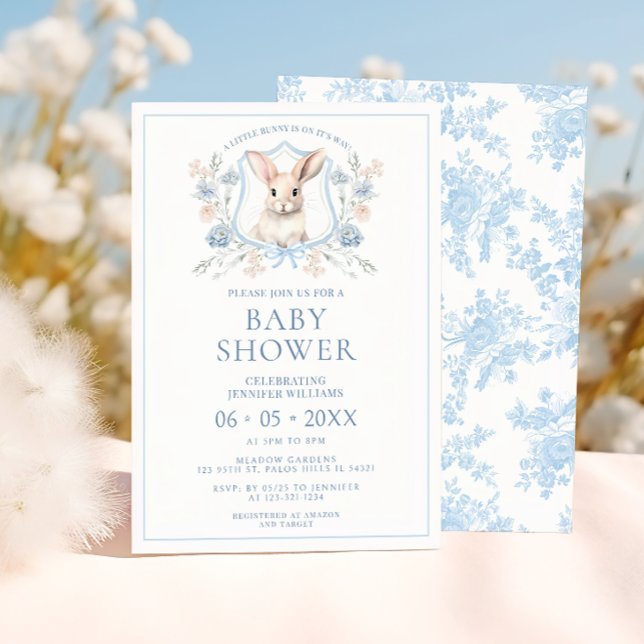 Invitación Blue Easter Bunny Escudo Floral Baby Boy Shower (Subido por el creador)