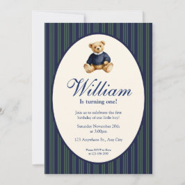 Invitación Blue Elegant Babys First Birthday Teddy Bear Invit