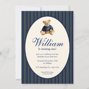 Invitación Blue Elegant Babys First Birthday Teddy Bear Invit