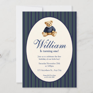 Invitación Blue Elegant Babys First Birthday Teddy Bear Invit