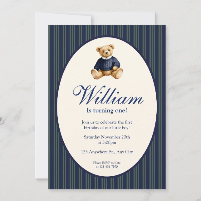 Invitación Blue Elegant Babys First Birthday Teddy Bear Invit (Anverso)