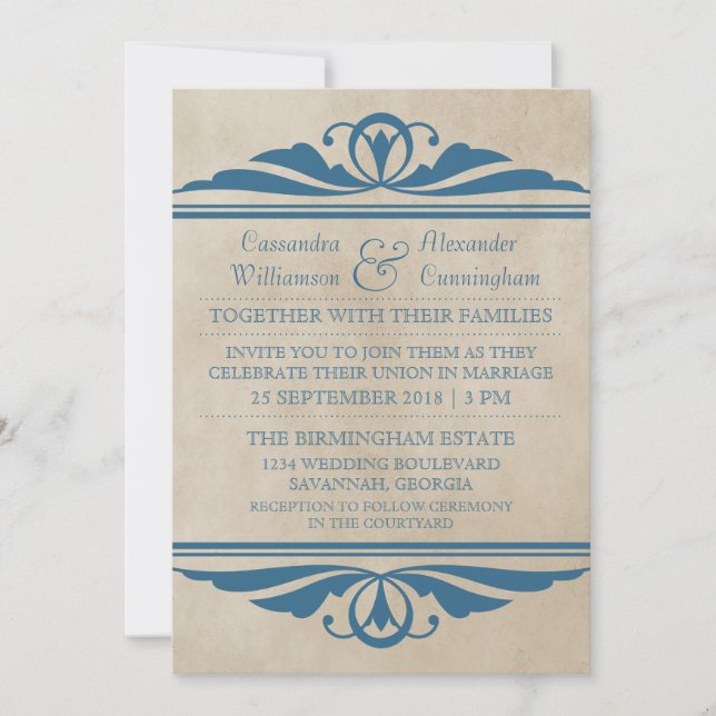 Invitación Blue Elegant Deco Wedding Invite (Anverso)