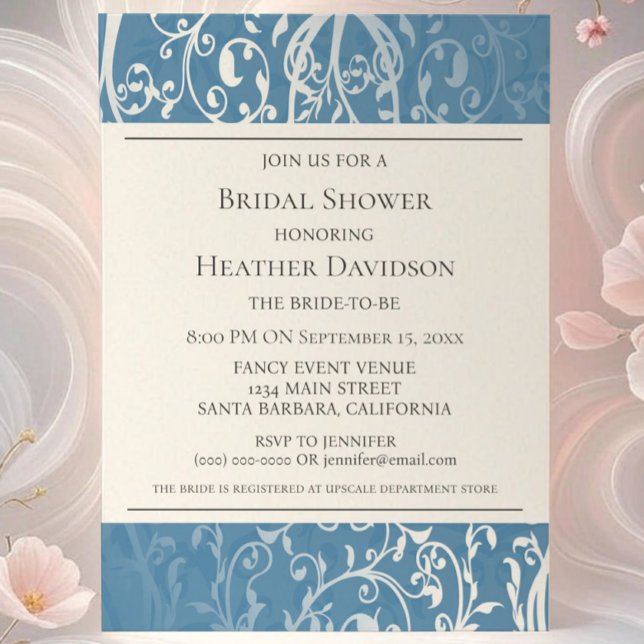 Invitación Blue Elegant Flourish Bridal Shower Invite (Blue Elegant Flourish Bridal Shower Invite)