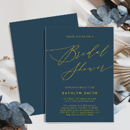 Invitación Blue Elegant Gold Script ducha de novia Minimalist
