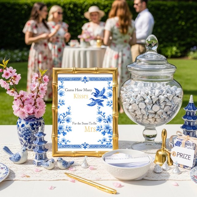 Invitación Blue Elegant Guess How Many Kisses sign (Blue Elegant Guess How Many Kisses sign)