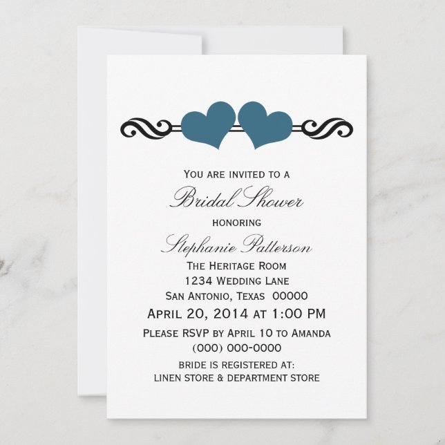 Invitación Blue Elegant Hearts Bridal Shower Invite (Anverso)