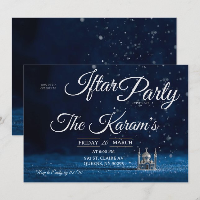 Invitación Blue Elegant Mosque Ramadan Iftar Party  Invit (Anverso / Reverso)