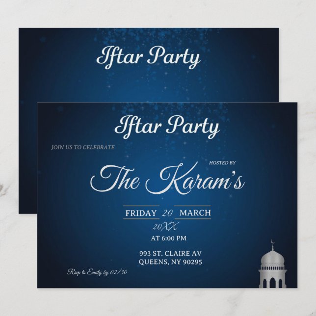 Invitación Blue Elegant Mosque Ramadan Iftar Party  Invit (Anverso / Reverso)