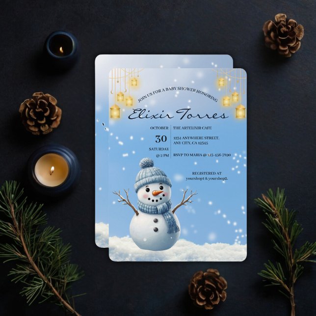 Invitación Blue Elegant Whimsical Winter Snowman Baby Shower (Subido por el creador)