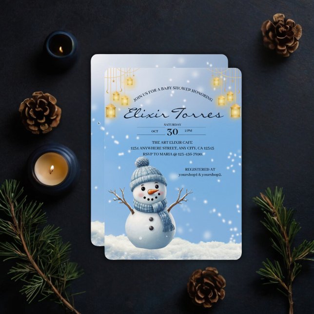 Invitación Blue Elegant Whimsical Winter Snowman Baby Shower (Subido por el creador)