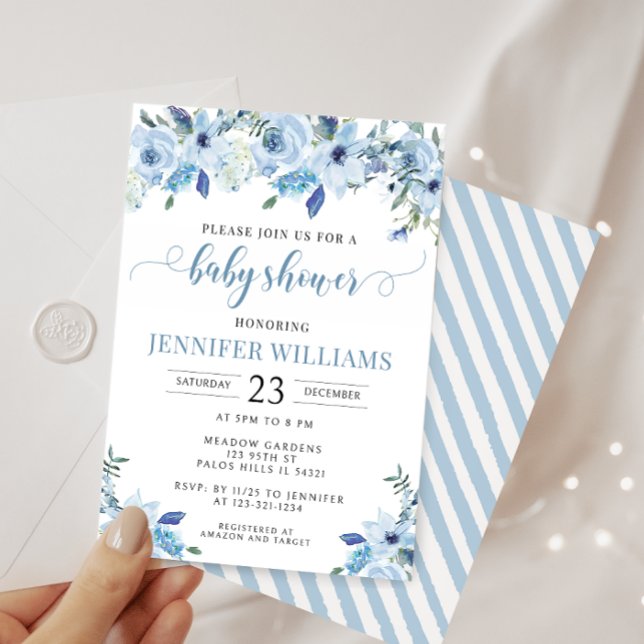 Invitación Blue elegante acuarela florida ducha de bebé (Subido por el creador)