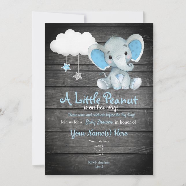 Invitación Blue  Elephant Baby Shower invitation, rustic (Anverso)