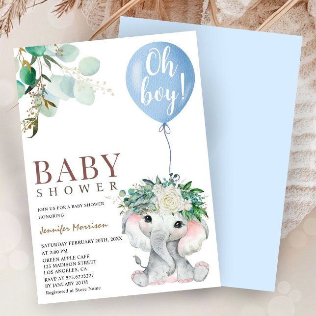 Invitación Blue Elephant Balloon Baby Shower Boy (Subido por el creador)