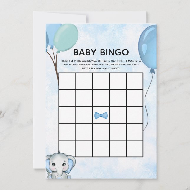 Invitación Blue Elephant Balloons Baby Shower Baby Bingo Card (Anverso)