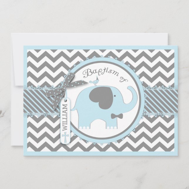 Invitación Blue Elephant Bow Tie and Chevron Print Baptism (Anverso)