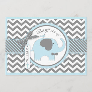 Invitación Blue Elephant Bow Tie and Chevron Print Baptism