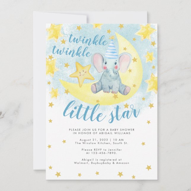 Invitación Blue Elephant Gold Twinkle Little Star Baby Shower (Anverso)