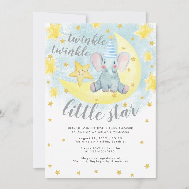 Invitación Blue Elephant Gold Twinkle Little Star Baby Shower (Anverso)