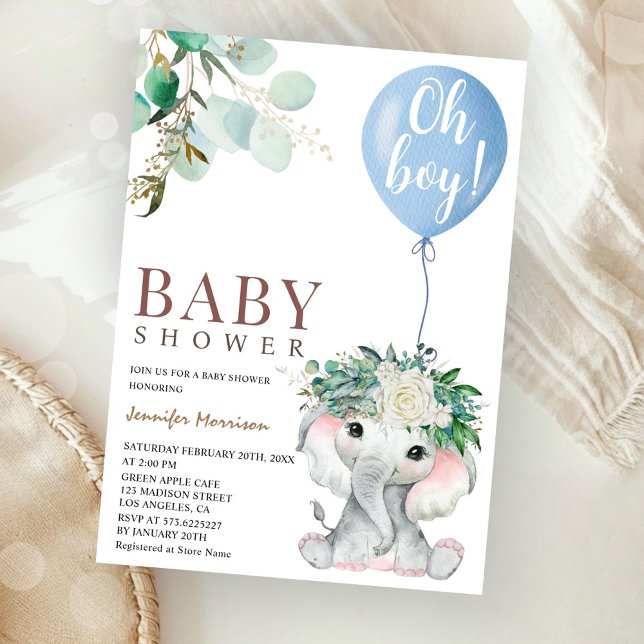 Invitación Blue Elephant Oh Boy Balloon Baby Shower (Subido por el creador)