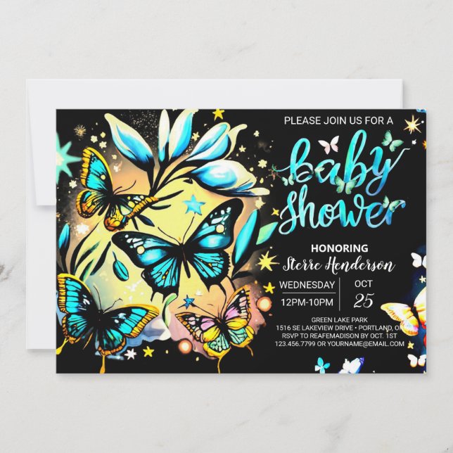 Invitación Blue Enchic Butterfly Digital Boy Baby Shower (Anverso)