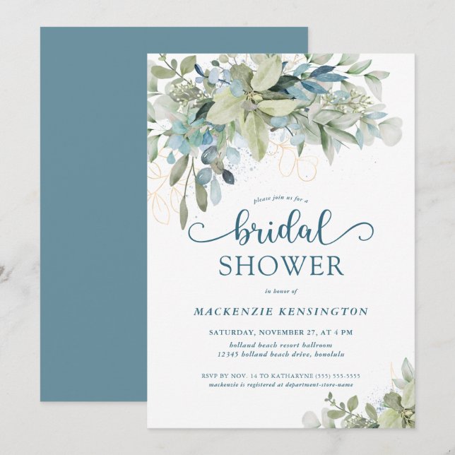Invitación Blue Eucalyptus Greenery Bridal Shower (Anverso / Reverso)