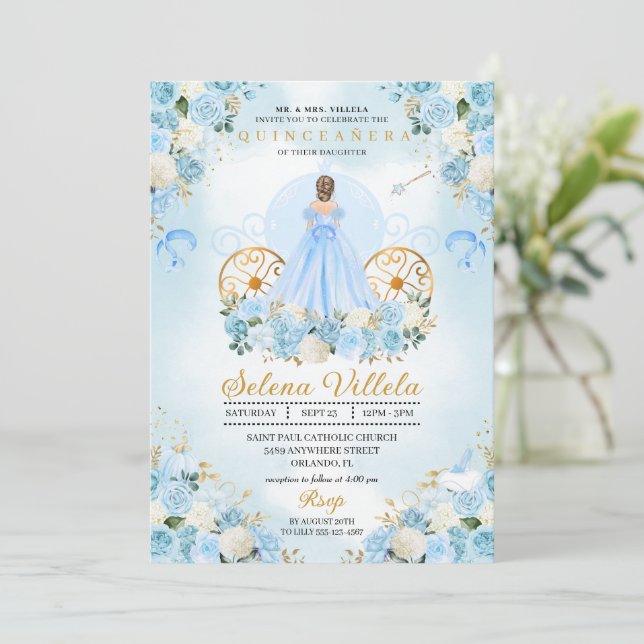Invitación Blue Fairytale Cinderella Carriage Quinceañera (Anverso de pie)