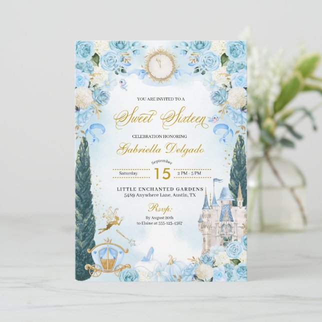 Invitación Blue Fairytale Cinderella Princess Sweet 16 (Anverso de pie)