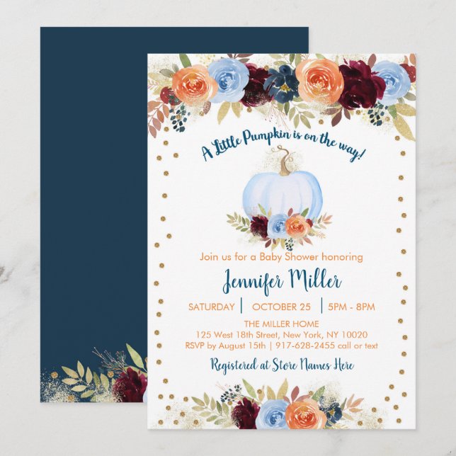 Invitación Blue Fall Pumpkin Floral Baby Shower (Anverso / Reverso)