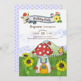 Invitación Blue Fantasy Woodland Toadstool House Fun Cumpleañ