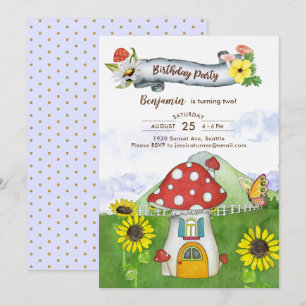 Invitación Blue Fantasy Woodland Toadstool House Fun Cumpleañ
