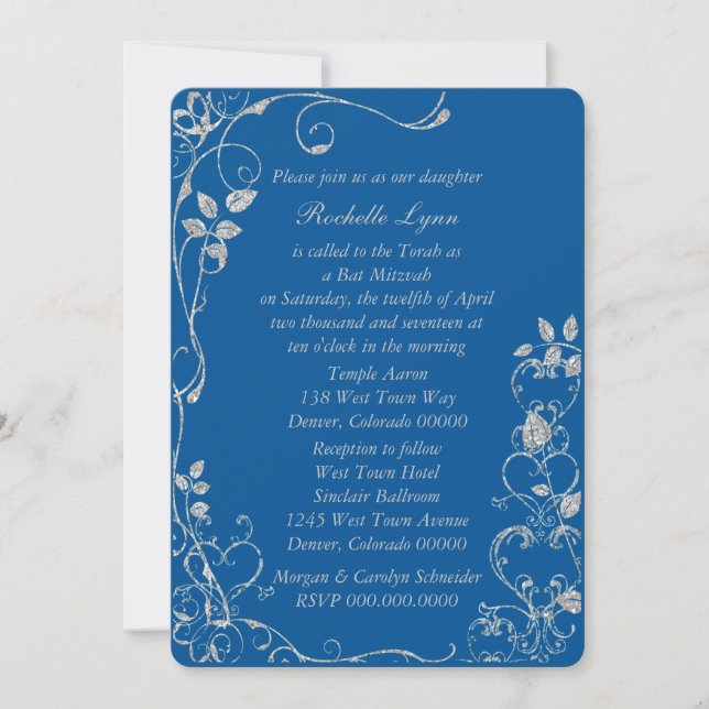 Invitación Blue Faux Diamond Heart Swirl Bat Mitzvah (Anverso)