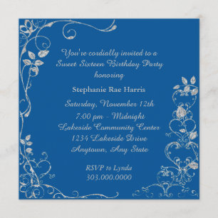 Invitación Blue Faux Diamond Swirl Sweet 16 Cumpleaños Party