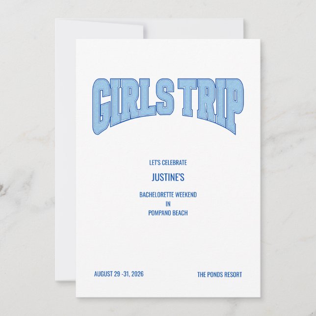 Invitación Blue Faux Glitter GIRLS TRIP Bachelorette Party  (Anverso)