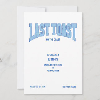 Invitación Blue Faux Glitter LAST TOAST Bachelorette Party 