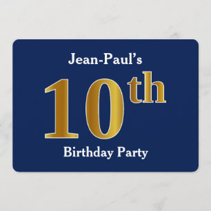 Invitación Blue, Faux Gold 10th Birthday Party + Custom Name