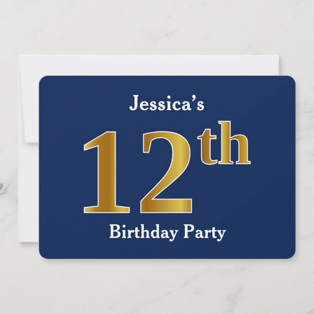Invitación Blue, Faux Gold 12th Birthday Party + Custom Name (Anverso)