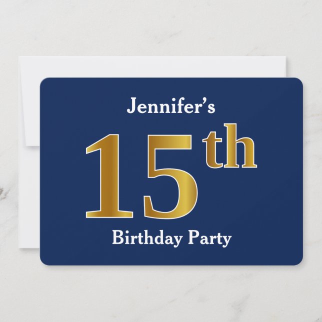 Invitación Blue, Faux Gold 15th Birthday Party + Custom Name (Anverso)