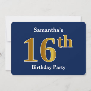 Invitación Blue, Faux Gold 16th Birthday Party + Custom Name