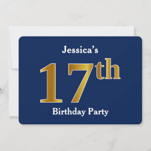 Invitación Blue, Faux Gold 17th Birthday Party + Custom Name