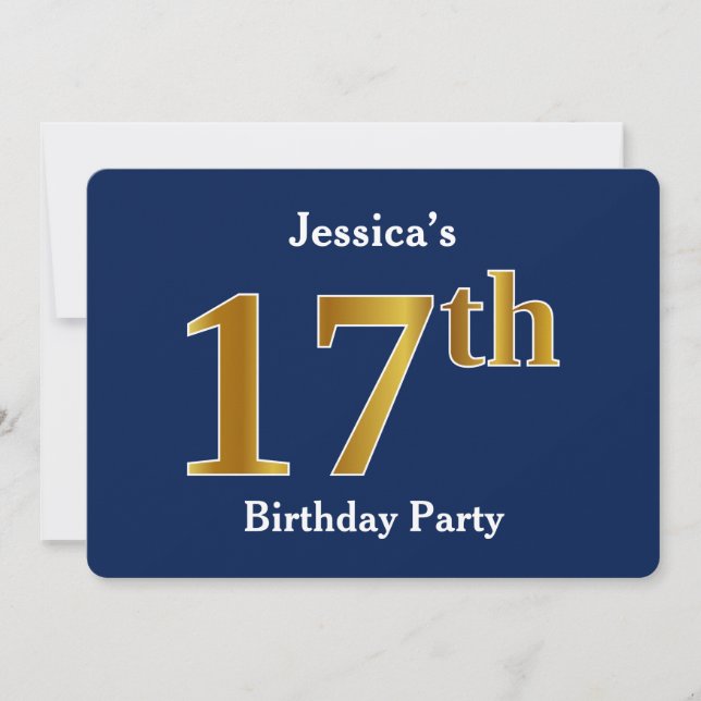 Invitación Blue, Faux Gold 17th Birthday Party + Custom Name (Anverso)